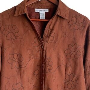 Sag‎ Harbor Women Floral Button Blouse M Brown Embroidered Artwear Lagenlook Top